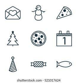 Set Of 9 New Year Icons. Can Be Used For Web, Mobile, UI And Infographic Design. Includes Elements Such As Slice, Love, Pizza And More.