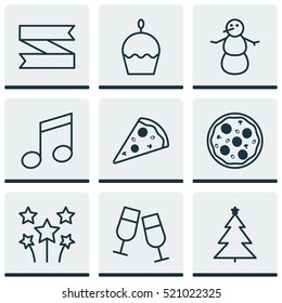 Set Of 9 New Year Icons. Can Be Used For Web, Mobile, UI And Infographic Design. Includes Elements Such As Piece, Tree, Banner And More.