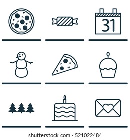 Set Of 9 New Year Icons. Can Be Used For Web, Mobile, UI And Infographic Design. Includes Elements Such As Pizza, Cupcake, Meal And More.