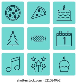 Set Of 9 New Year Icons. Can Be Used For Web, Mobile, UI And Infographic Design. Includes Elements Such As Muffin, Musical, Pizzeria And More.