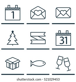 Set Of 9 New Year Icons. Can Be Used For Web, Mobile, UI And Infographic Design. Includes Elements Such As Christmas, Fish, Greeting And More.