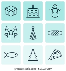Set Of 9 New Year Icons. Can Be Used For Web, Mobile, UI And Infographic Design. Includes Elements Such As Open, Box, Cardboard And More.