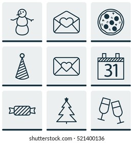 Set Of 9 New Year Icons. Can Be Used For Web, Mobile, UI And Infographic Design. Includes Elements Such As Christmas, Caramel, Sweet And More.