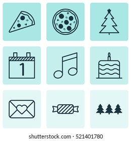Set Of 9 New Year Icons. Can Be Used For Web, Mobile, UI And Infographic Design. Includes Elements Such As Cake, Musical, Month And More.