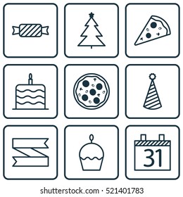 Set Of 9 New Year Icons. Can Be Used For Web, Mobile, UI And Infographic Design. Includes Elements Such As Blank, Slice, Birthday And More.