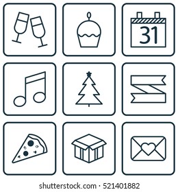 Set Of 9 New Year Icons. Can Be Used For Web, Mobile, UI And Infographic Design. Includes Elements Such As Box, Ribbon, Glasses And More.