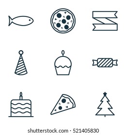 Set Of 9 New Year Icons. Can Be Used For Web, Mobile, UI And Infographic Design. Includes Elements Such As Cake, Pizzeria, Tree And More.