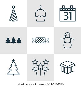 Set Of 9 New Year Icons. Can Be Used For Web, Mobile, UI And Infographic Design. Includes Elements Such As Birthday, Firework, Cupcake And More.