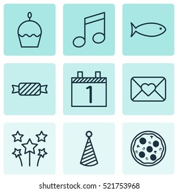 Set Of 9 New Year Icons. Can Be Used For Web, Mobile, UI And Infographic Design. Includes Elements Such As Pizzeria, Fish, Party And More.