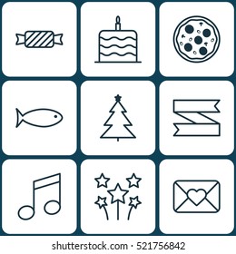 Set Of 9 New Year Icons. Can Be Used For Web, Mobile, UI And Infographic Design. Includes Elements Such As Sweet, Pizzeria, Cake And More.