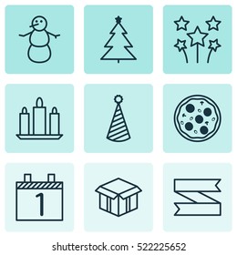 Set Of 9 New Year Icons. Can Be Used For Web, Mobile, UI And Infographic Design. Includes Elements Such As Flame, Cardboard, Meal And More.