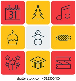 Set Of 9 New Year Icons. Can Be Used For Web, Mobile, UI And Infographic Design. Includes Elements Such As Cake, Winter, Schedule And More.