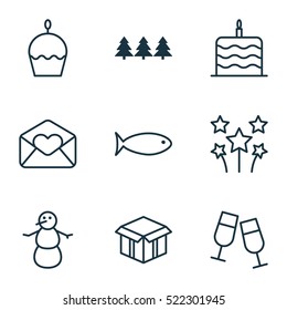 Set Of 9 New Year Icons. Can Be Used For Web, Mobile, UI And Infographic Design. Includes Elements Such As Firework, Greeting, Winter And More.