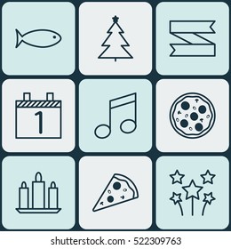 Set Of 9 New Year Icons. Can Be Used For Web, Mobile, UI And Infographic Design. Includes Elements Such As Blank, Meal, Slice And More.