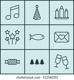 Set Of 9 New Year Icons. Can Be Used For Web, Mobile, UI And Infographic Design. Includes Elements Such As Close, Caramel, Fish And More.