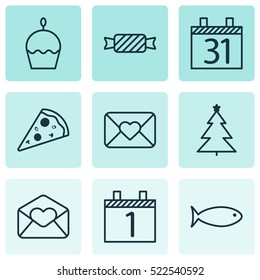 Set Of 9 New Year Icons. Can Be Used For Web, Mobile, UI And Infographic Design. Includes Elements Such As Envelope, Email, Schedule And More.