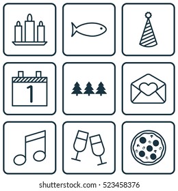 Set Of 9 New Year Icons. Can Be Used For Web, Mobile, UI And Infographic Design. Includes Elements Such As Month, Meal, Xmas And More.