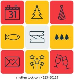 Set Of 9 New Year Icons. Can Be Used For Web, Mobile, UI And Infographic Design. Includes Elements Such As Clink, Close, Ribbon And More.