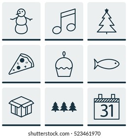 Set Of 9 New Year Icons. Can Be Used For Web, Mobile, UI And Infographic Design. Includes Elements Such As Cupcake, Date, Open And More.