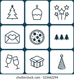 Set Of 9 New Year Icons. Can Be Used For Web, Mobile, UI And Infographic Design. Includes Elements Such As Meal, Celebration, Tree And More.