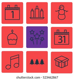 Set Of 9 New Year Icons. Can Be Used For Web, Mobile, UI And Infographic Design. Includes Elements Such As Box, Winter, Tree And More.
