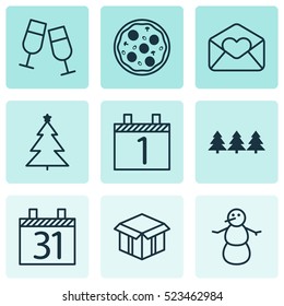 Set Of 9 New Year Icons. Can Be Used For Web, Mobile, UI And Infographic Design. Includes Elements Such As Winter, Calendar, Glasses And More.