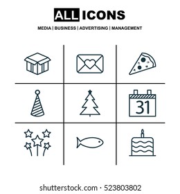Set Of 9 New Year Icons. Can Be Used For Web, Mobile, UI And Infographic Design. Includes Elements Such As Piece, Box, Birthday And More.
