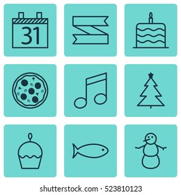 Set Of 9 New Year Icons. Can Be Used For Web, Mobile, UI And Infographic Design. Includes Elements Such As Note, Tree, Pizza And More.