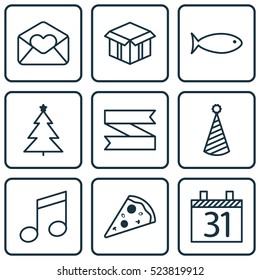 Set Of 9 New Year Icons. Can Be Used For Web, Mobile, UI And Infographic Design. Includes Elements Such As Hat, Food, Blank And More.