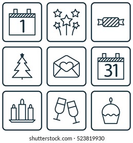 Set Of 9 New Year Icons. Can Be Used For Web, Mobile, UI And Infographic Design. Includes Elements Such As Wax, Celebrating, Month And More.
