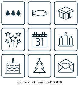 Set Of 9 New Year Icons. Can Be Used For Web, Mobile, UI And Infographic Design. Includes Elements Such As Cardboard, Calendar, Box And More.