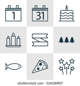 Set Of 9 New Year Icons. Can Be Used For Web, Mobile, UI And Infographic Design. Includes Elements Such As Birthday, Aquatic, Celebrate And More.