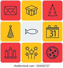 Set Of 9 New Year Icons. Can Be Used For Web, Mobile, UI And Infographic Design. Includes Elements Such As Calendar, Pizza, Open And More.