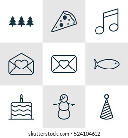 Set Of 9 New Year Icons. Can Be Used For Web, Mobile, UI And Infographic Design. Includes Elements Such As Pizza, Piece, Email And More.