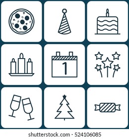 Set Of 9 New Year Icons. Can Be Used For Web, Mobile, UI And Infographic Design. Includes Elements Such As Glasses, Sweet, Celebrate And More.