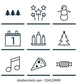 Set Of 9 New Year Icons. Can Be Used For Web, Mobile, UI And Infographic Design. Includes Elements Such As Winter, Slice, Candle And More.