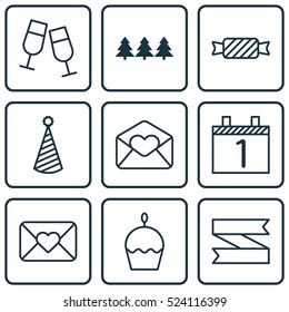 Set Of 9 New Year Icons. Can Be Used For Web, Mobile, UI And Infographic Design. Includes Elements Such As Christmas, Celebrating, Birthday And More.