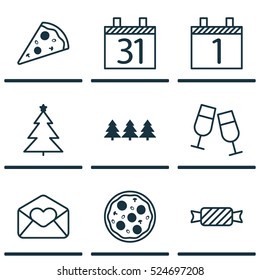 Set Of 9 New Year Icons. Can Be Used For Web, Mobile, UI And Infographic Design. Includes Elements Such As Sweet, Schedule, Candy And More.