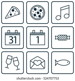 Set Of 9 New Year Icons. Can Be Used For Web, Mobile, UI And Infographic Design. Includes Elements Such As Aquatic, Caramel, Month And More.