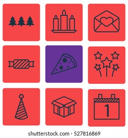 Set Of 9 New Year Icons. Can Be Used For Web, Mobile, UI And Infographic Design. Includes Elements Such As Wax, Sliced Pizza, Birthday Hat And More.