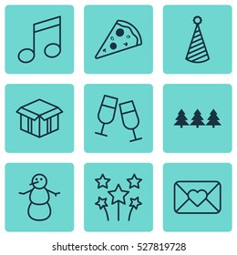 Set Of 9 New Year Icons. Can Be Used For Web, Mobile, UI And Infographic Design. Includes Elements Such As Winter, Open Cardboard, Festive Fireworks And More.