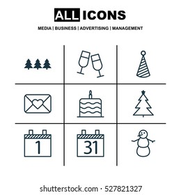 Set Of 9 New Year Icons. Can Be Used For Web, Mobile, UI And Infographic Design. Includes Elements Such As Date, Decorated Tree, Agenda And More.