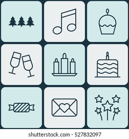 Set Of 9 New Year Icons. Can Be Used For Web, Mobile, UI And Infographic Design. Includes Elements Such As Celebration Cake, Festive Fireworks, Champagne Glasses And More.
