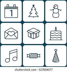 Set Of 9 New Year Icons. Can Be Used For Web, Mobile, UI And Infographic Design. Includes Elements Such As Winter, Celebration Cake, Birthday Hat And More.