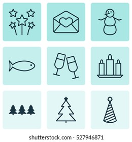 Set Of 9 New Year Icons. Can Be Used For Web, Mobile, UI And Infographic Design. Includes Elements Such As Decorated Tree, Greeting Email, Festive Fireworks And More.