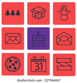 Set Of 9 New Year Icons. Can Be Used For Web, Mobile, UI And Infographic Design. Includes Elements Such As Winter, Celebration Letter, Open Cardboard And More.