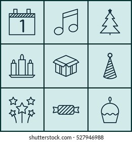 Set Of 9 New Year Icons. Can Be Used For Web, Mobile, UI And Infographic Design. Includes Elements Such As Wax, Festive Fireworks, Sweet And More.