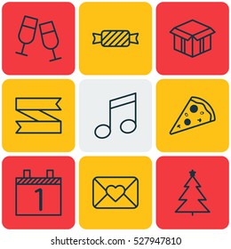 Set Of 9 New Year Icons. Can Be Used For Web, Mobile, UI And Infographic Design. Includes Elements Such As Sliced Pizza, Agenda, Sweet And More.