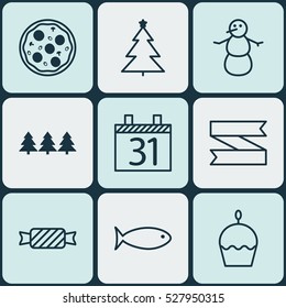 Set Of 9 New Year Icons. Can Be Used For Web, Mobile, UI And Infographic Design. Includes Elements Such As Fishing, Pizza Meal, Birthday Cake And More.
