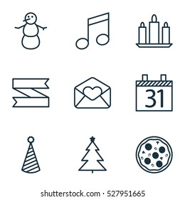 Set Of 9 New Year Icons. Can Be Used For Web, Mobile, UI And Infographic Design. Includes Elements Such As Winter, Birthday Hat, Blank Ribbon And More.
